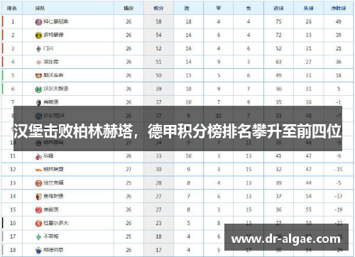 汉堡击败柏林赫塔，德甲积分榜排名攀升至前四位